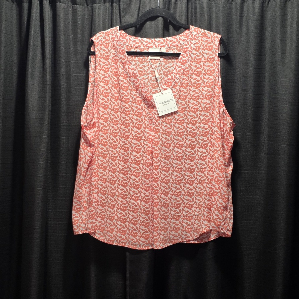 Zac & Rachel Woman Coral White Leaf Print V-Neck Sleeveless Blouse 2X NWT